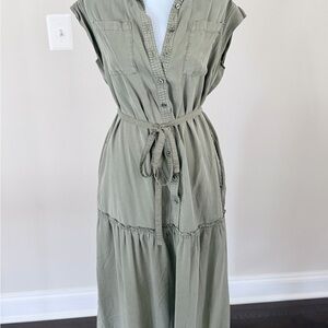 Olive Green Button-Front Waist Tie Maternity Maxi Dress